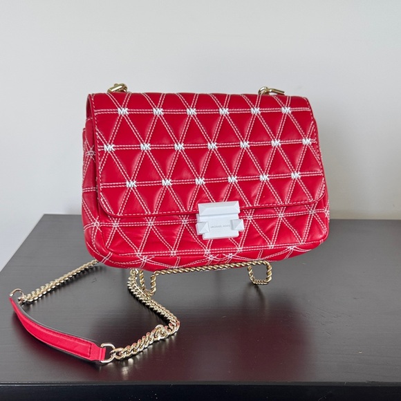 Michael Kors Red Quilted Crossbody Bag with Gold Chain (includes